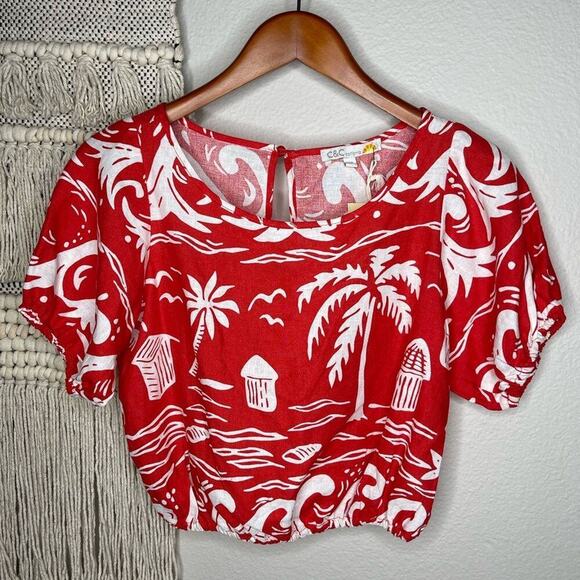 C&C California Red Tropical Linen Top - Picture 1 of 5